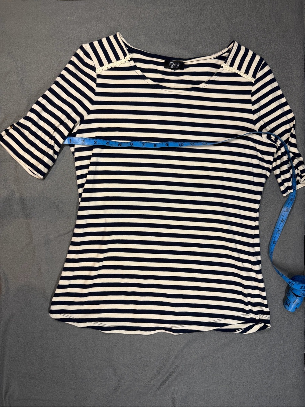 Jones New York Navy and White Striped Short Sleeve Tee medium